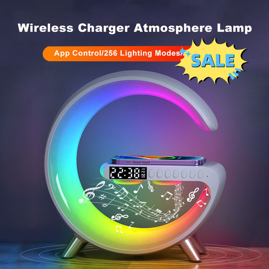 2023 New Intelligent LED Table lamp ( 5 in one ):  * Wireless Charger.  * Bluetooth Speaker.  * Light Touch Lamp.  * Alarm Clock with Music Sync. * App Control for Home Decor.
